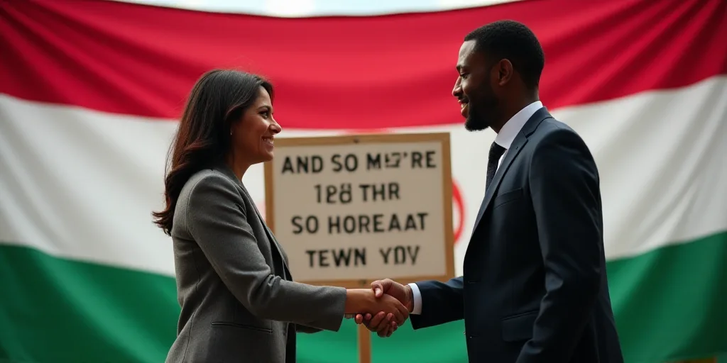a man and woman shaking hands in front of a banner with a flag on it and a sign with a message on it