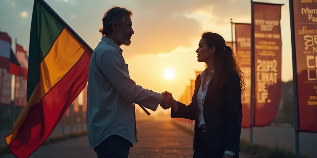 a man and woman shaking hands in front of a banner with a flag on it and a sign with a message on it