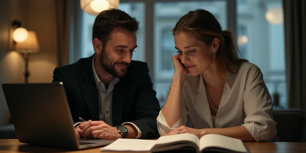 a man and woman sitting at a table with a laptop and a notebook in front of them, both looking at a