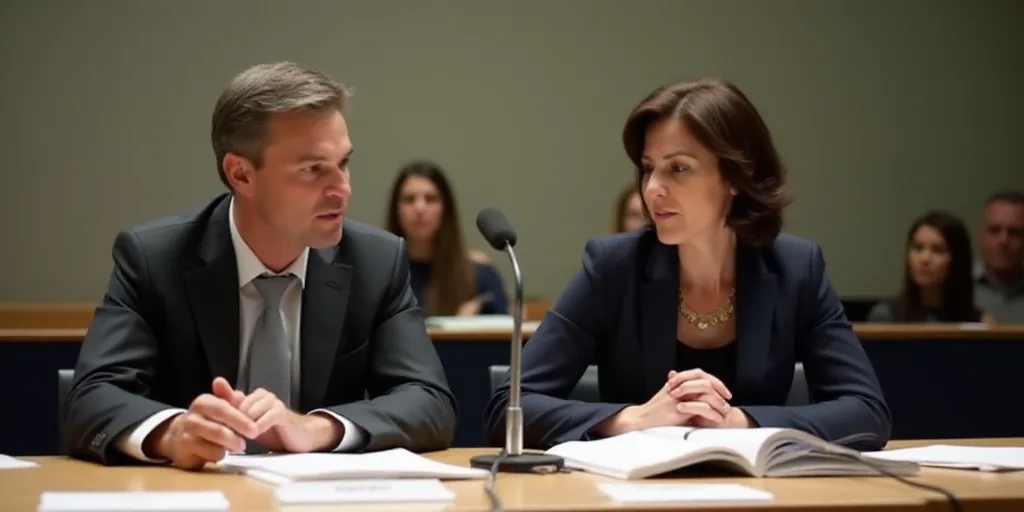 a man and woman sitting at a table with papers in front of them and a microphone in front of them, D