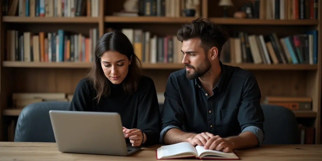 a man and woman sitting at a table with a laptop and a notebook in front of them, both looking at a
