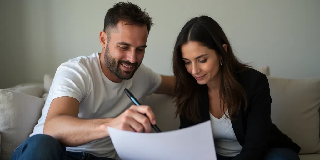 a man and woman sitting on a couch looking at a piece of paper with a pen in their hand, Bracha L. E