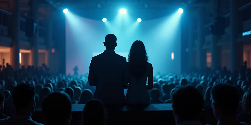 a man and woman sitting on a stage in front of a crowd of people at a convention with a man standing