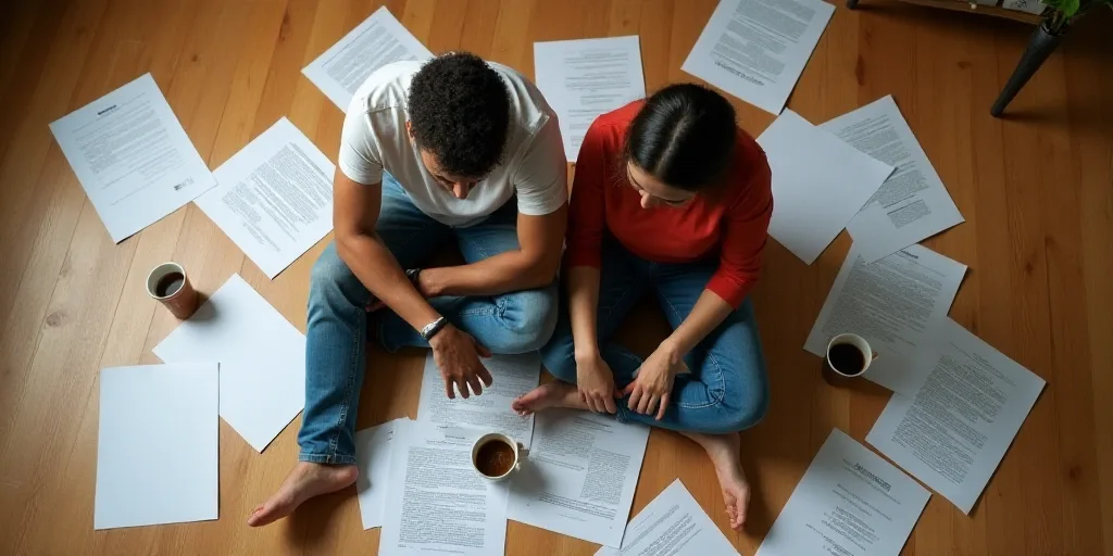 a man and woman sitting on the floor with papers scattered around them and a cup of coffee in front