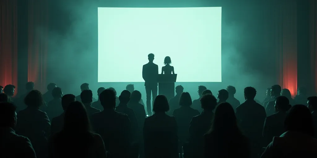 a man and woman standing at a podium in front of a crowd of people in front of a screen, Ada Gladys