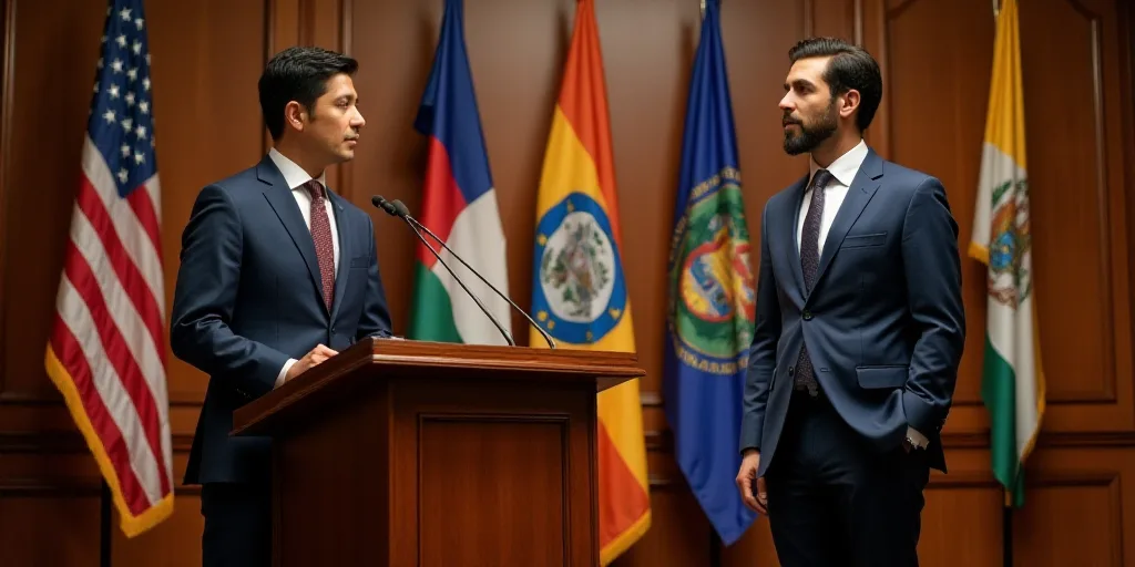 a man and woman standing at a podium in front of flags and banners in a room with a man in a suit an