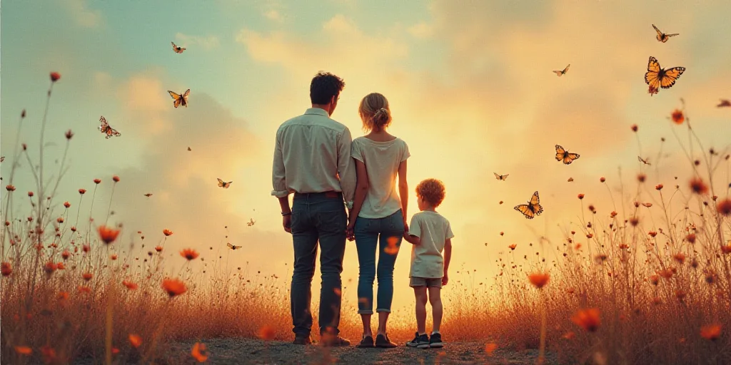 a man and woman standing next to each other with a boy in front of them and a qr code on the back of