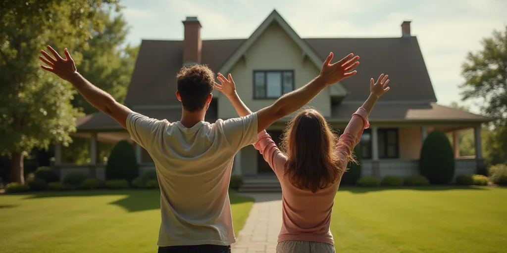 a man and woman standing outside of a house with their arms outstretched in the air and looking at t