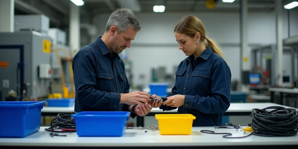 a man and woman working on a project in a factory with blue bins and yellow containers on the table,