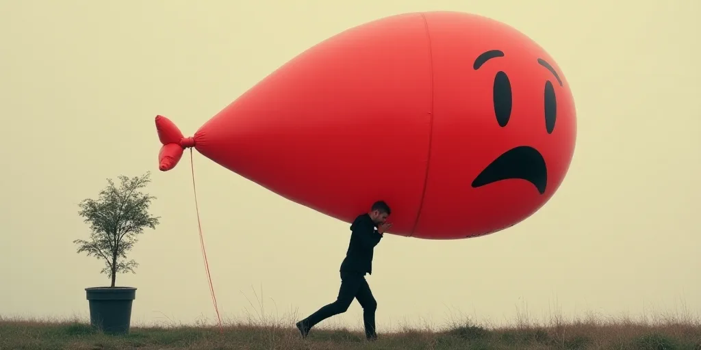 a man carrying a huge red balloon with a sad face on it's back, with a plant in the background, Éva