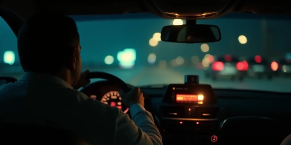 a man driving a car at night with a camera on the dash board and a light on the dash, Ahmed Karahisa