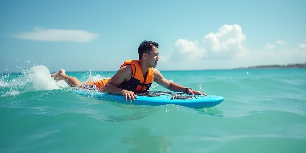 a man floating on a boogie board in the ocean with a life jacket on his back and a life vest on his