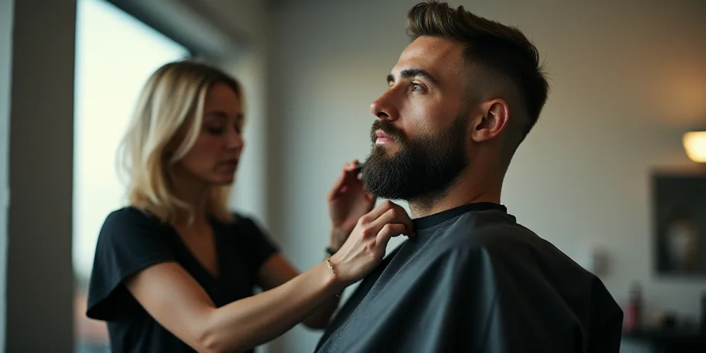 a man getting a haircut from a woman in a chair in a room with a large window and a wall, Byron Galv