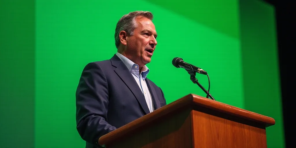 a man giving a speech at a podium with a microphone in front of him and a green background behind hi