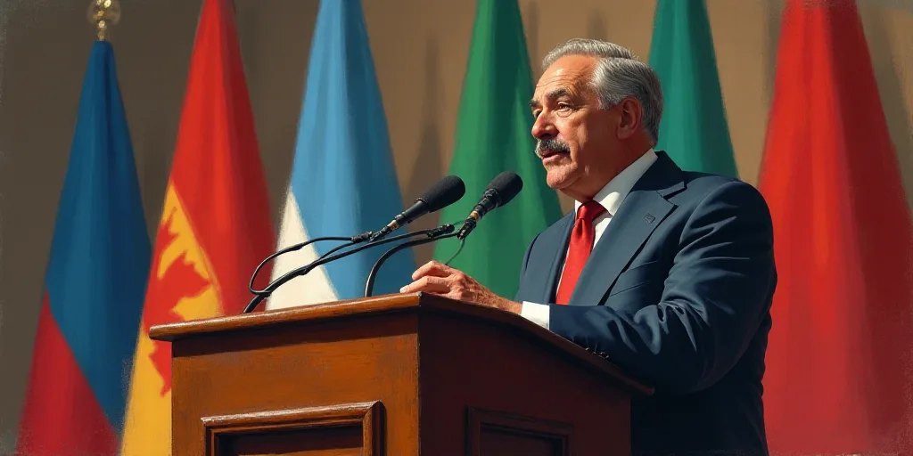a man giving a speech at a podium with flags behind him and a microphone in front of him with a micr