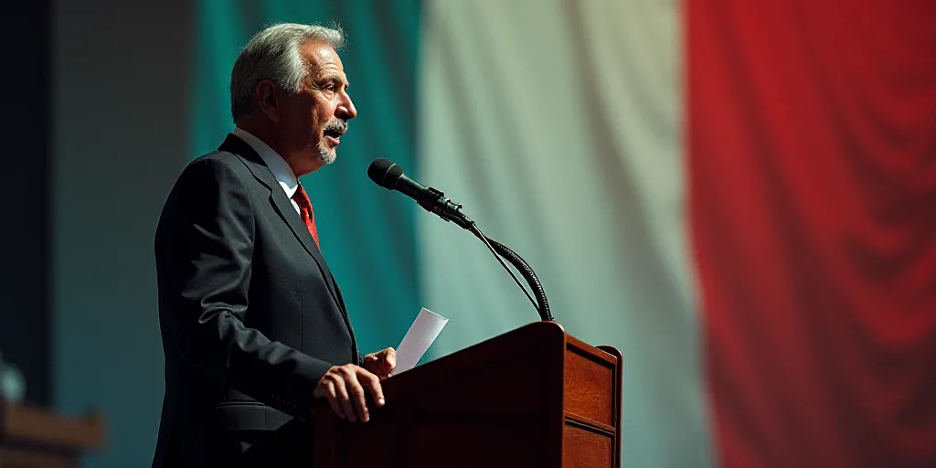 a man giving a speech at a podium with a microphone in front of him and a flag on the podium, Carlos
