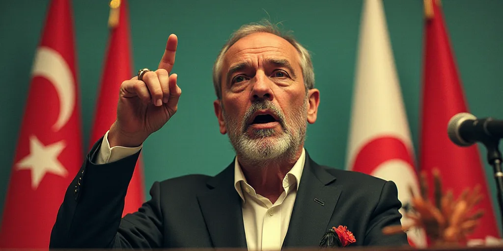 a man giving a speech in front of flags and a microphone with a finger up in the air and a ring on h