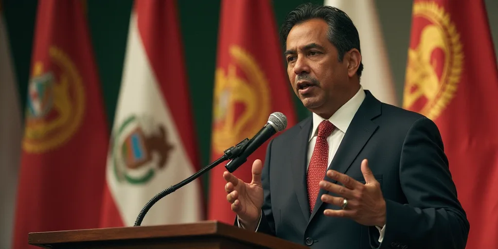 a man giving a speech in front of flags and a microphone with a microphone in his hand and a microph