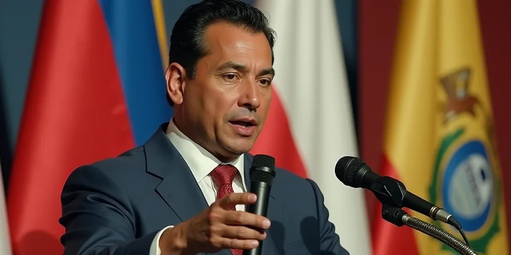 a man giving a speech in front of flags and a microphone with a microphone in his hand and a microph