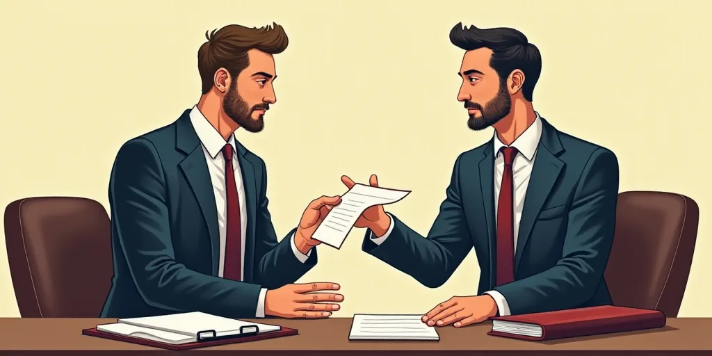 a man handing another man a piece of paper at a desk with a binder and clipboard on it, Cedric Seaut