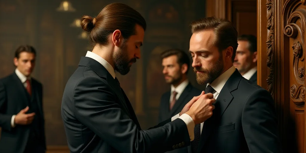 a man helping another man fix his tie in a suit shop setting with other people around him and a wood