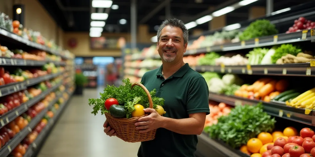 a man holding a basket of vegetables in a grocery store aisle with shelves of produce behind him and