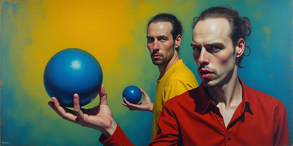 a man holding a blue ball in his hand and a man in a yellow shirt behind him with a blue ball in his
