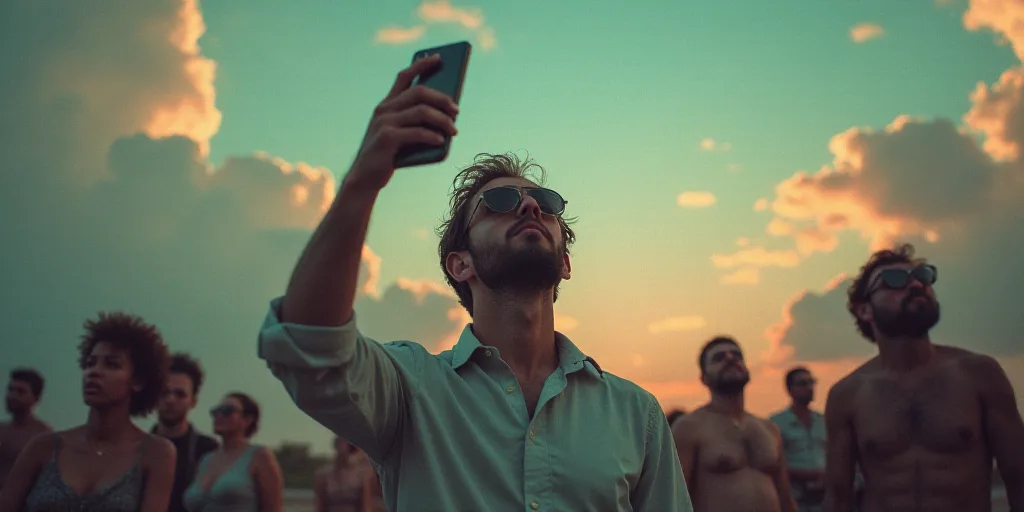a man holding a cell phone in his hand and looking up at the sky with other people around him, Carlo
