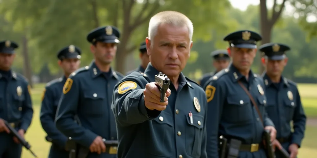 a man holding a gun in his hand while standing next to other men in uniform in a park area, Estuardo