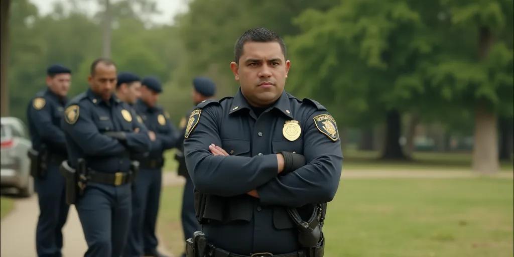 a man holding a gun in his hand while standing next to other men in uniform in a park area, Estuardo