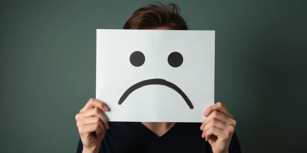 a man holding a paper with a sad face drawn on it in front of his face and a sheet of paper in front