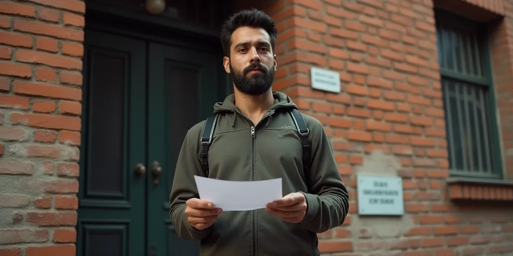 a man holding a piece of paper in his hand in front of a brick building with a sign on it, Carlos Fr