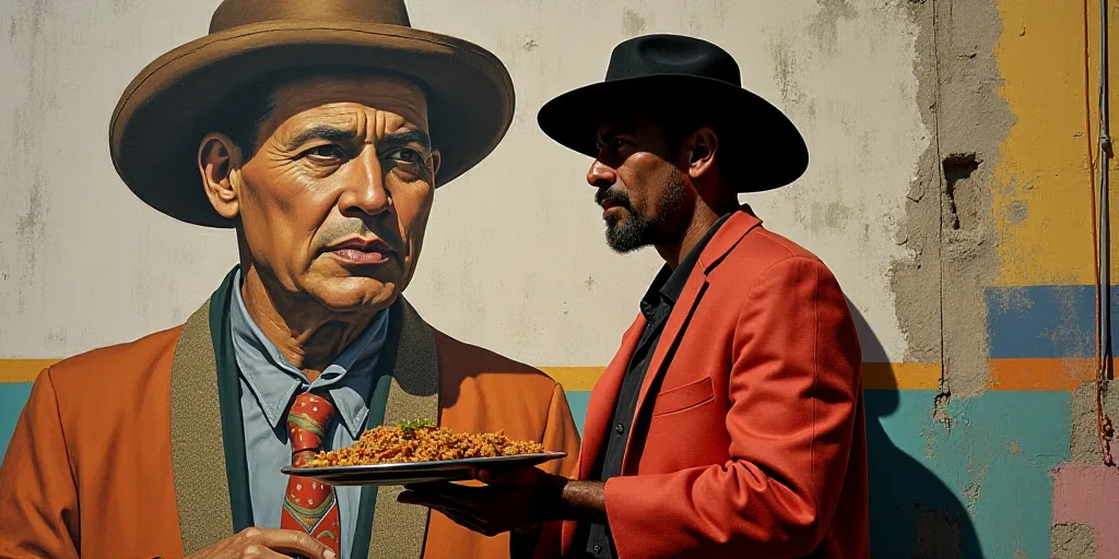 a man holding a plate of food in front of a mural of a man with a hat on his head, David Alfaro Siqu