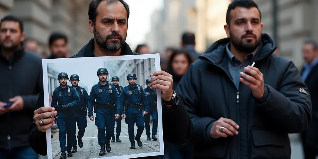 a man holding a poster with pictures of men in police uniforms on it and a man holding a cigarette,