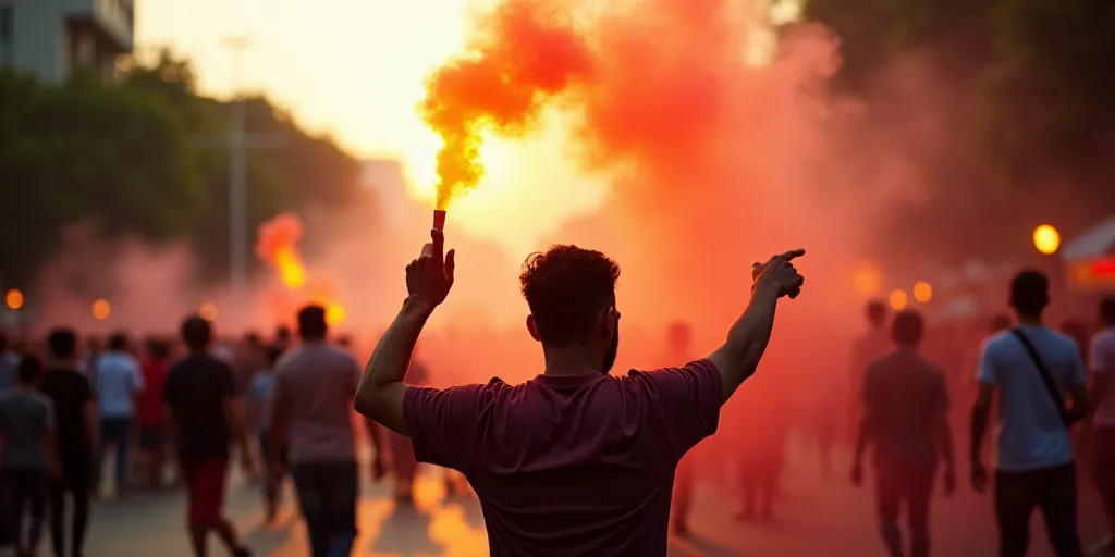 a man holding a red and yellow flarer in the air in front of a crowd of people on a street, Basuki A