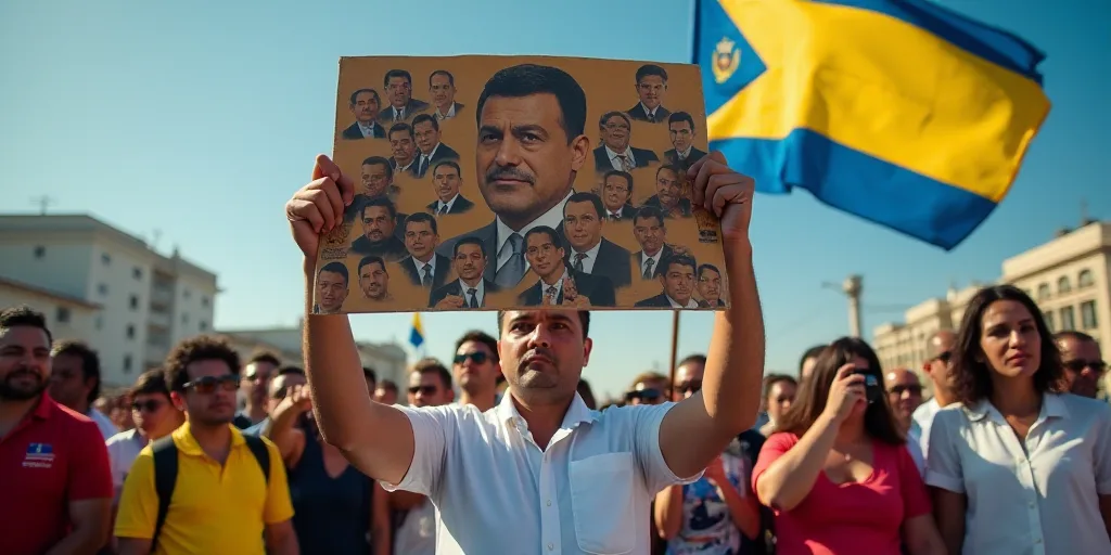 a man holding a sign with a bunch of pictures of him on it and a flag in front of him, Federico Urib