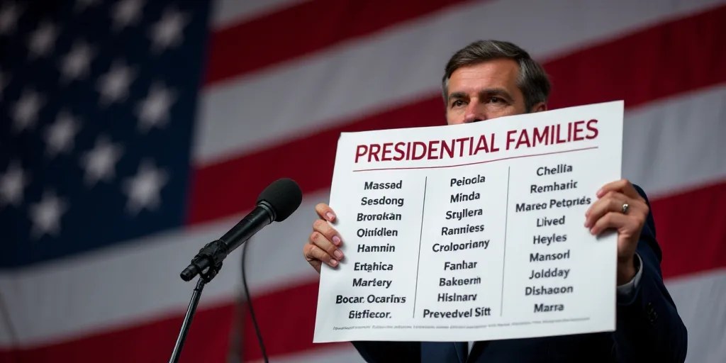 a man holding a sign with a list of presidential families on it in front of a microphone and america