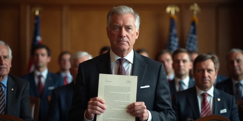 a man holding a signed document in front of a group of people in a room with flags and flags, Donald