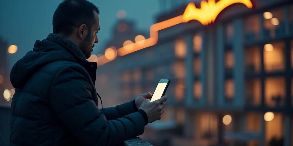 a man holding a smart phone in his hands and a picture of a building with a bat logo above it, Báli