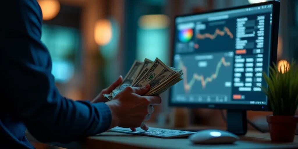 a man holding a stack of money in front of a computer screen with a monitor on it and a keyboard, An