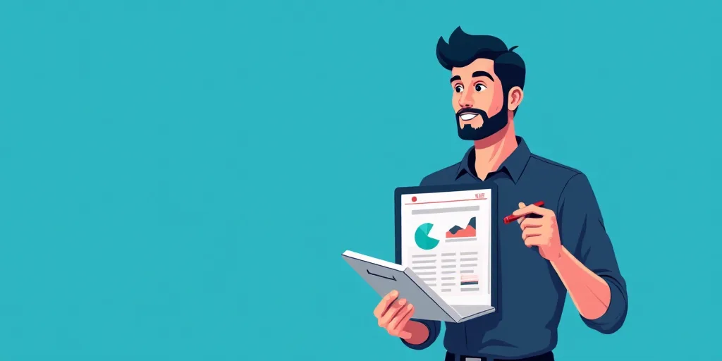 a man holding a tablet with a business diagram on it and a pen in his hand with a blue background, C