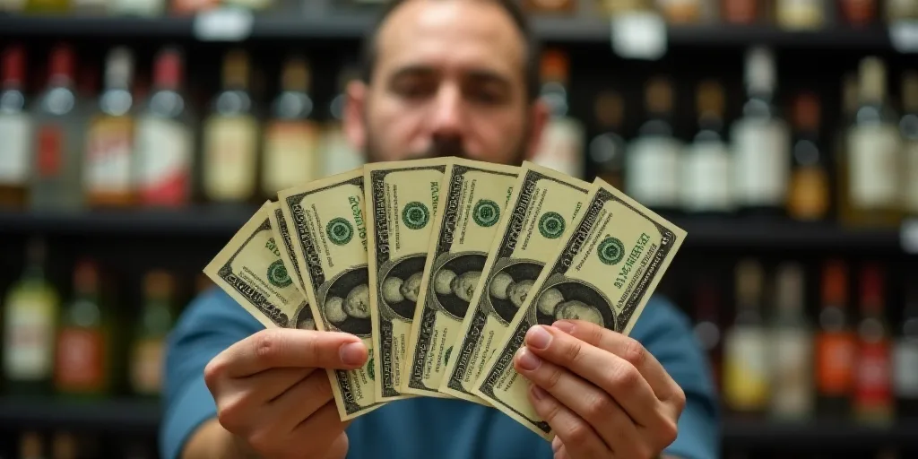 a man holding five powerball bills in his hands in a store with a shelf of liquor bottles behind him