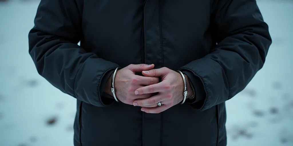 a man holding his hands in handcuffs with both hands on his chest and the other hand on his chest, D