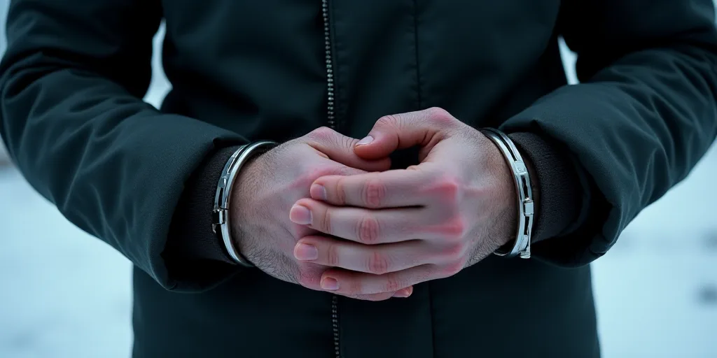 a man holding his hands in handcuffs with both hands on his chest and the other hand on his chest, D