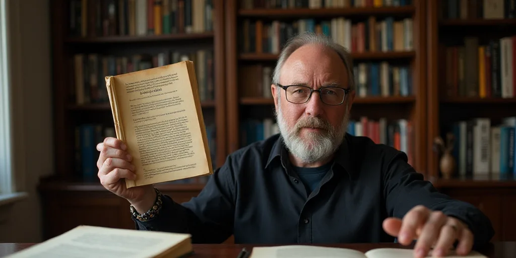 a man holding up a book in his office with a lot of books on the desk behind him and a lot of books