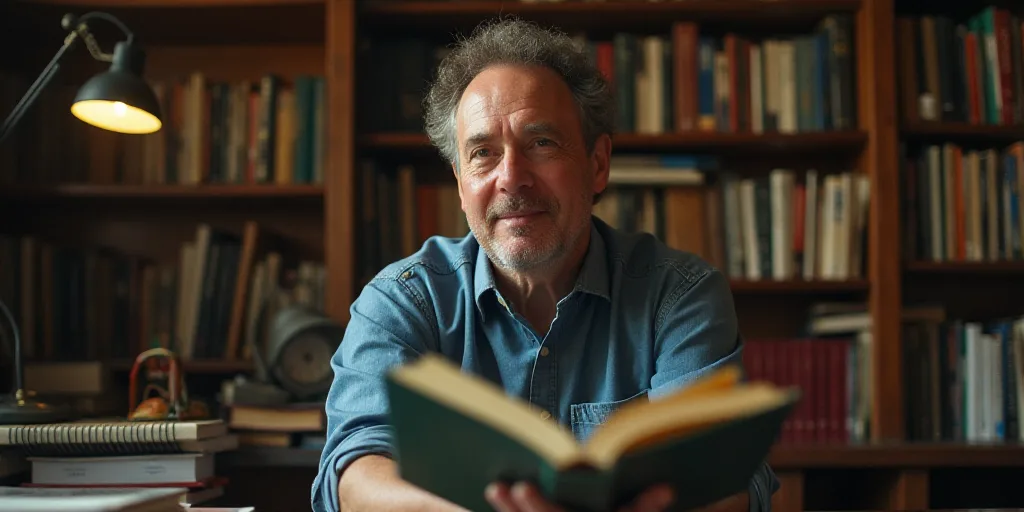 a man holding up a book in his office with a lot of books on the desk behind him and a lot of books