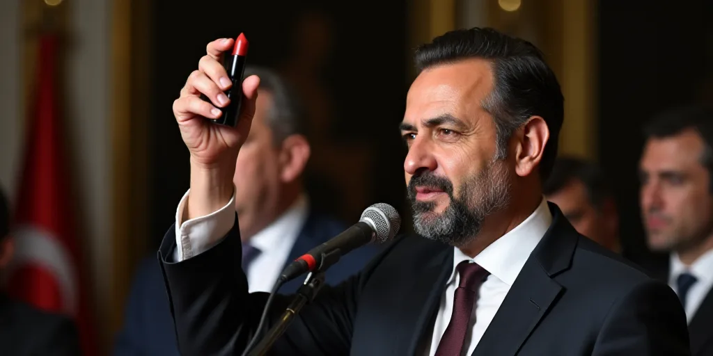 a man holding up a bottle of lipstick in front of a microphone and a man in a suit and tie, Fikret M