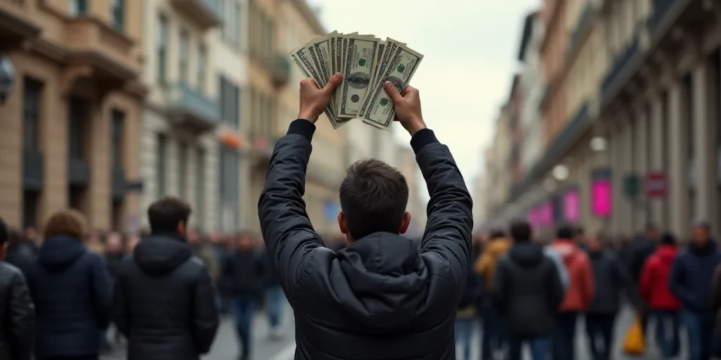 a man holding up a bundle of money in front of a crowd of people in a city street,, Carlos Catasse,