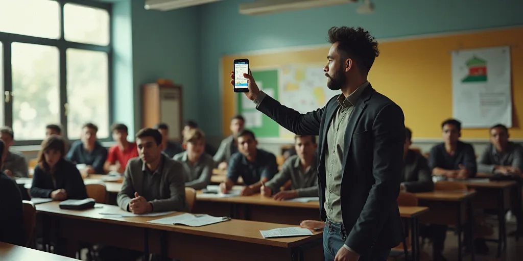 a man holding up a cell phone in front of a classroom full of students and a man standing next to hi