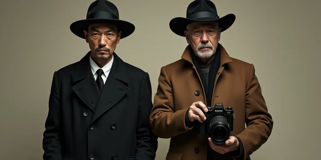 a man in a black hat and a man in a brown jacket and a black hat and a camera, Dong Kingman, kim jun